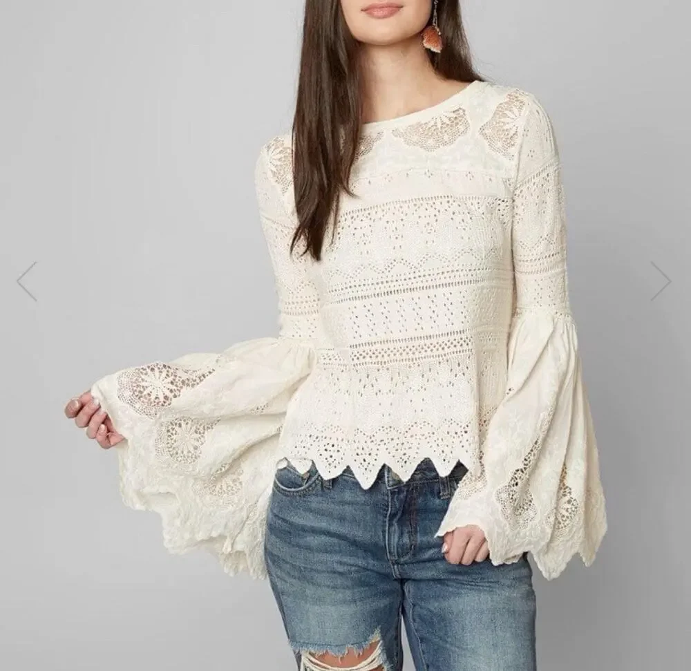 Free People Once Upon A Time Cream Crochet Lace Boho Bell Sleeve Top Small